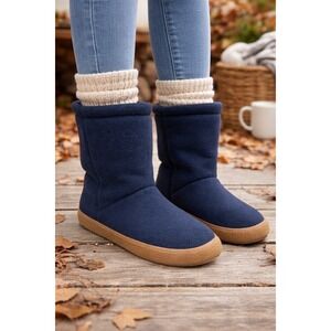 Lands End Womens Blue Fleece Booties Slip On Ankle Booties Size 7 Slippers